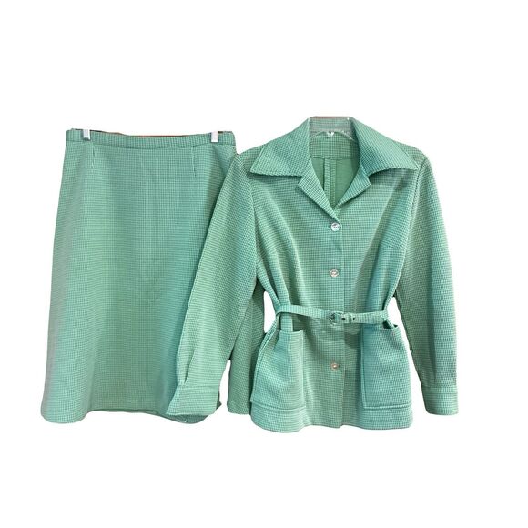 1970s Handmade Suit Jacket Skirt Belt Polyester A-Line Wide Collar Leisure Suit - Picture 1 of 16